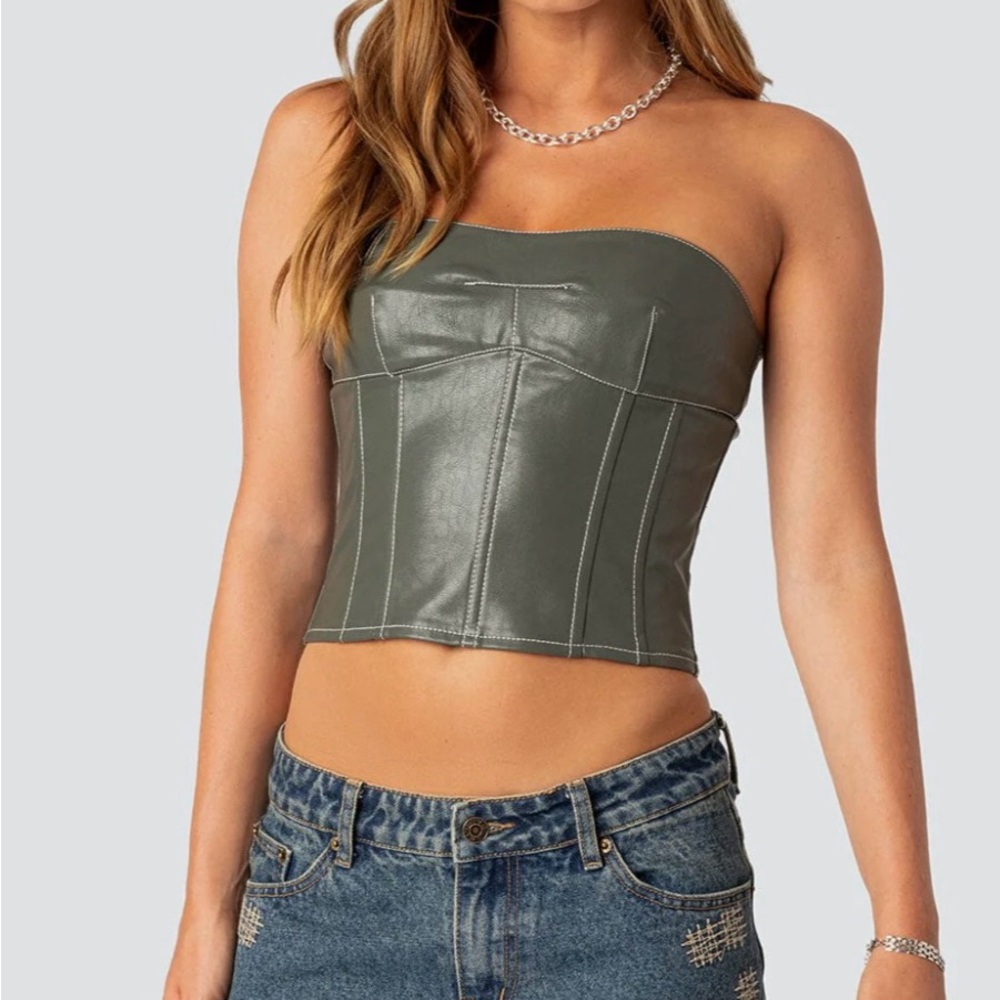 edikted moss faux leather lace up corset olive